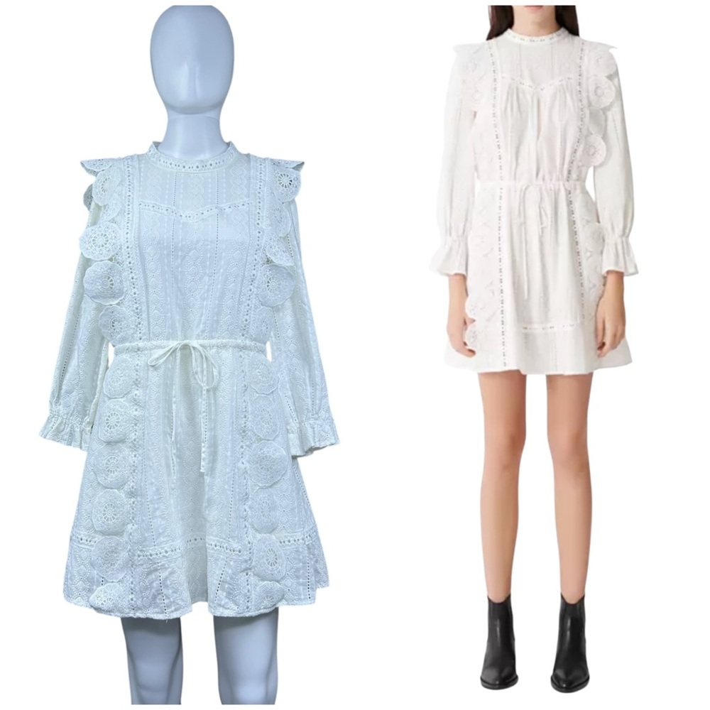 MAJE Ravia 3D Floral Eyelet Dress SMALL Scallop Crochet Lace Luxury Cottagecore